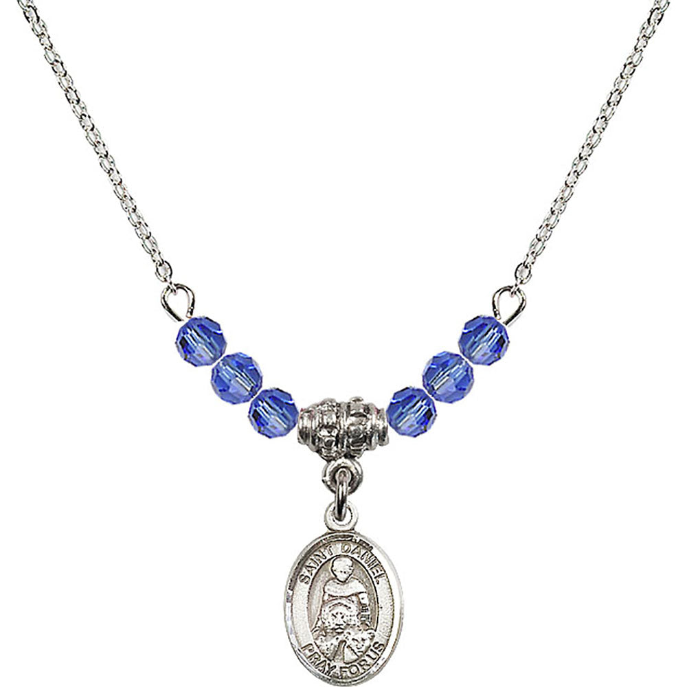 Sterling Silver Saint Daniel Birthstone Necklace with Sapphire Beads - 9024