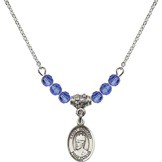 Sterling Silver Saint Edward the Confessor Birthstone Necklace with Sapphire Beads - 9026