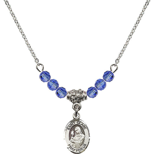 Sterling Silver Saint Clare of Assisi Birthstone Necklace with Sapphire Beads - 9028