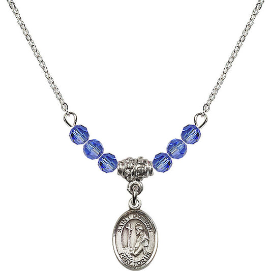 Sterling Silver Saint Dominic de Guzman Birthstone Necklace with Sapphire Beads - 9030