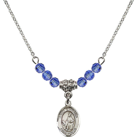 Sterling Silver Saint Dymphna Birthstone Necklace with Sapphire Beads - 9032