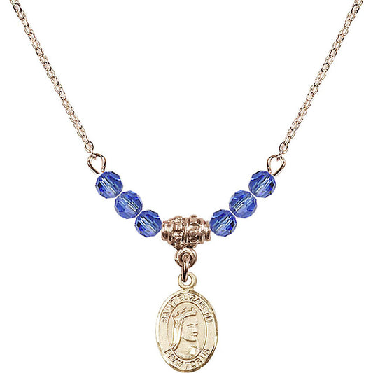 14kt Gold Filled Saint Elizabeth of Hungary Birthstone Necklace with Sapphire Beads - 9033