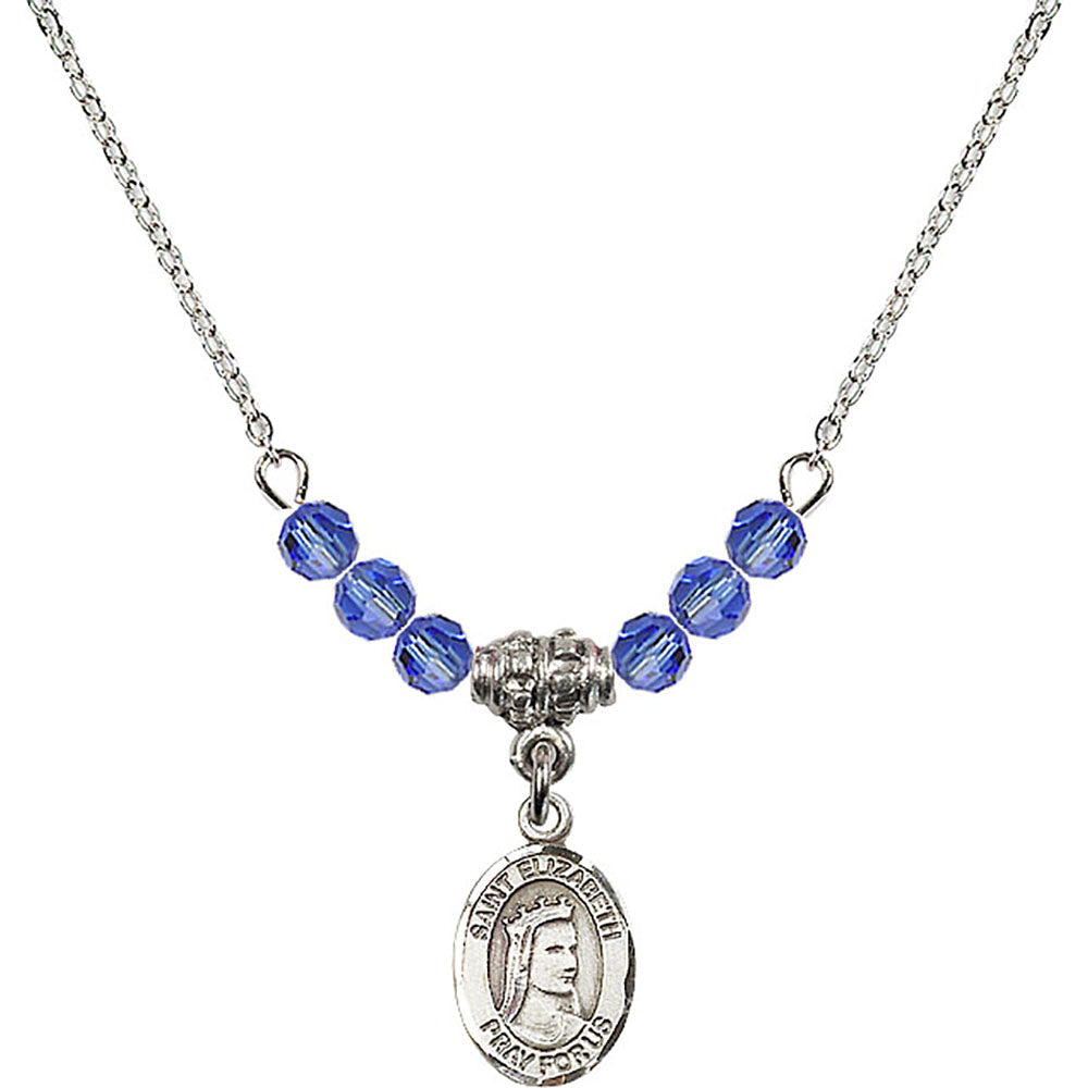 Sterling Silver Saint Elizabeth of Hungary Birthstone Necklace with Sapphire Beads - 9033