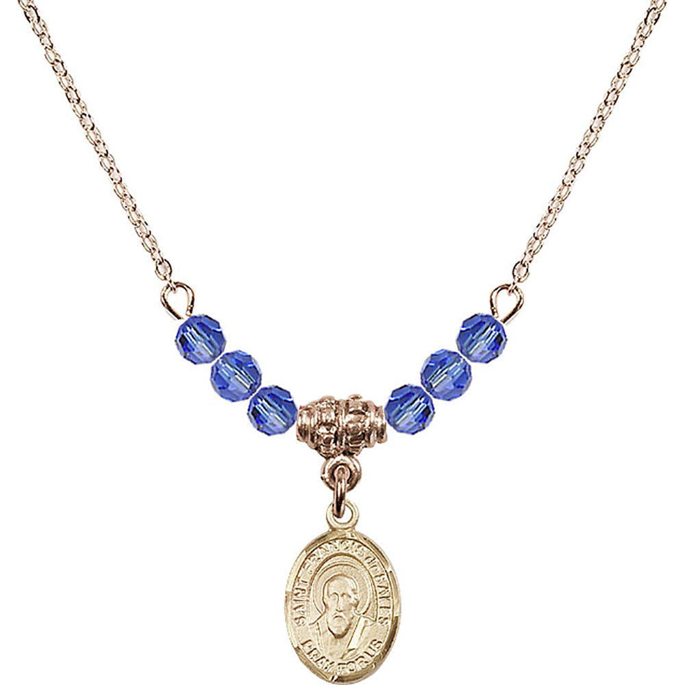 14kt Gold Filled Saint Francis de Sales Birthstone Necklace with Sapphire Beads - 9035
