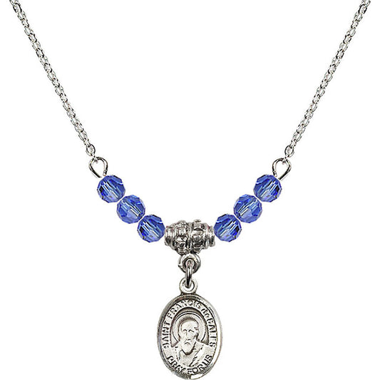 Sterling Silver Saint Francis de Sales Birthstone Necklace with Sapphire Beads - 9035