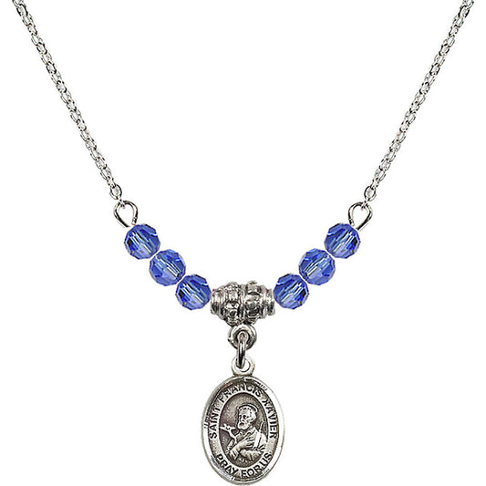 Sterling Silver Saint Francis Xavier Birthstone Necklace with Sapphire Beads - 9037