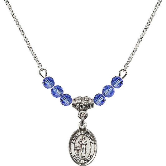 Sterling Silver Saint Genesius of Rome Birthstone Necklace with Sapphire Beads - 9038