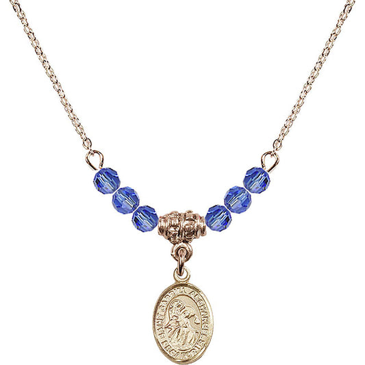 14kt Gold Filled Saint Gabriel the Archangel Birthstone Necklace with Sapphire Beads - 9039