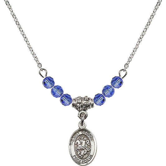 Sterling Silver Saint George Birthstone Necklace with Sapphire Beads - 9040