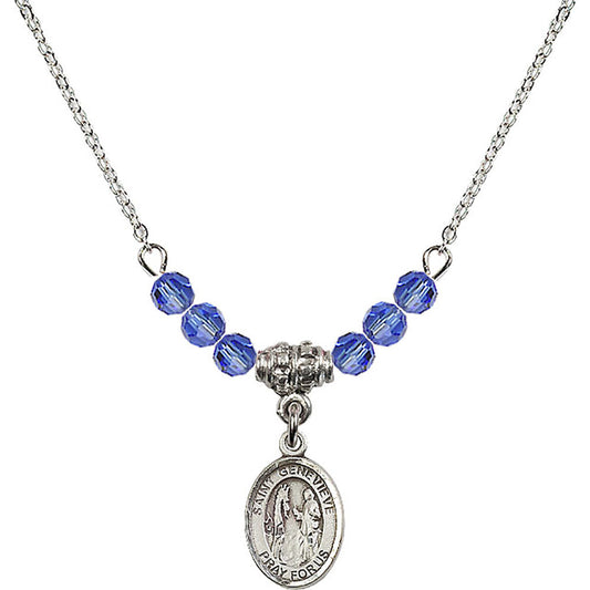 Sterling Silver Saint Genevieve Birthstone Necklace with Sapphire Beads - 9041