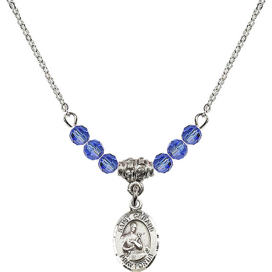 Sterling Silver Saint Gerard Majella Birthstone Necklace with Sapphire Beads - 9042