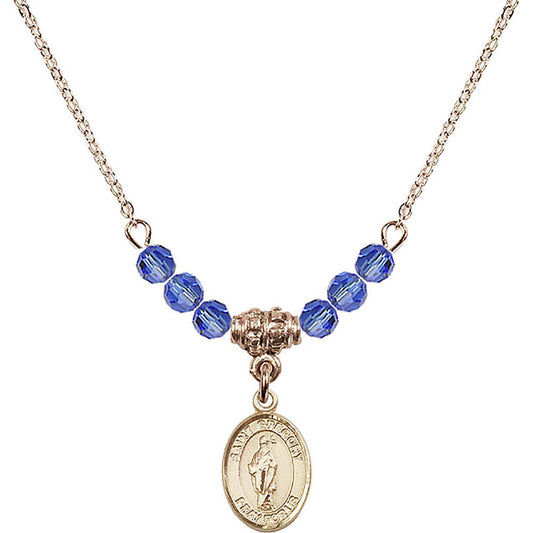 14kt Gold Filled Saint Gregory the Great Birthstone Necklace with Sapphire Beads - 9048