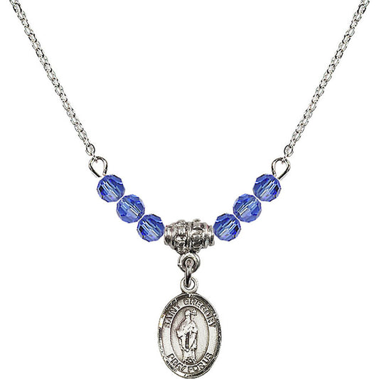 Sterling Silver Saint Gregory the Great Birthstone Necklace with Sapphire Beads - 9048