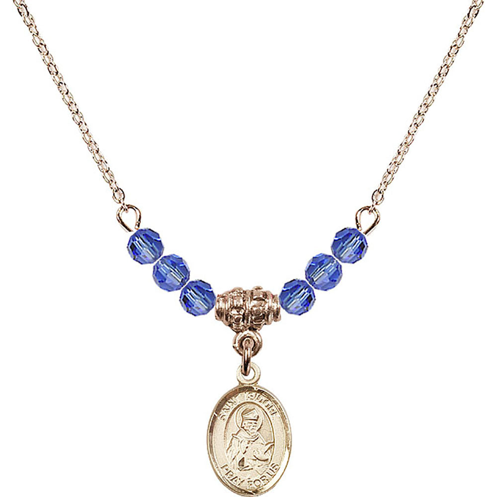 14kt Gold Filled Saint Isidore of Seville Birthstone Necklace with Sapphire Beads - 9049
