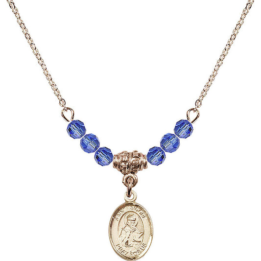 14kt Gold Filled Saint Isidore of Seville Birthstone Necklace with Sapphire Beads - 9049