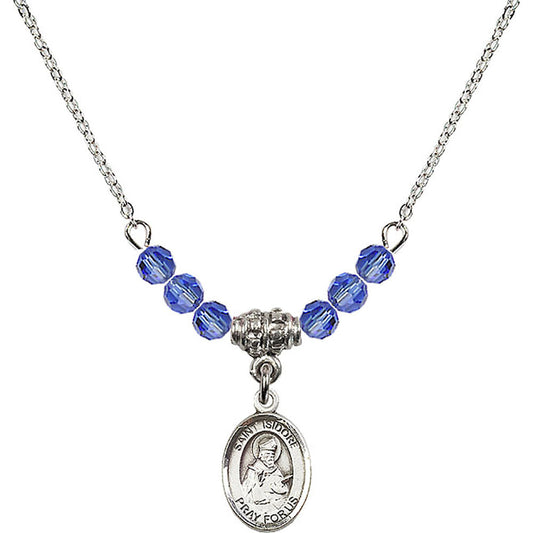 Sterling Silver Saint Isidore of Seville Birthstone Necklace with Sapphire Beads - 9049