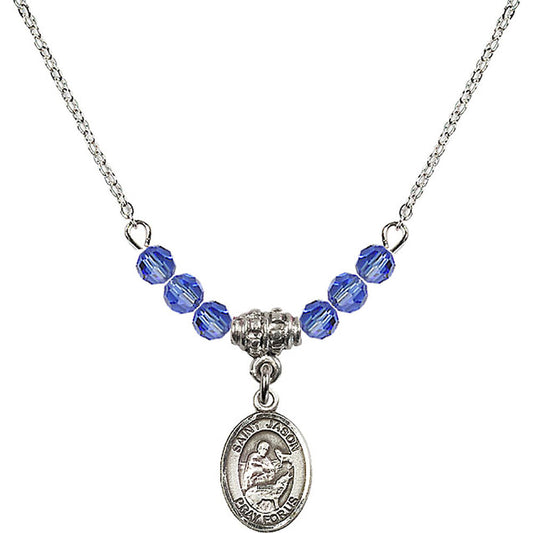 Sterling Silver Saint Jason Birthstone Necklace with Sapphire Beads - 9051