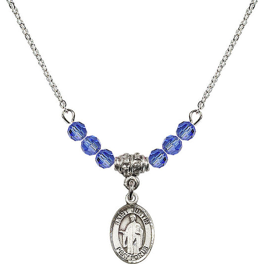 Sterling Silver Saint Justin Birthstone Necklace with Sapphire Beads - 9052