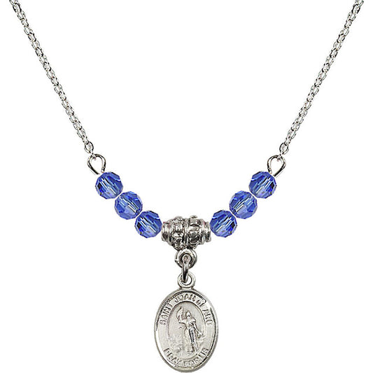 Sterling Silver Saint Joan of Arc Birthstone Necklace with Sapphire Beads - 9053