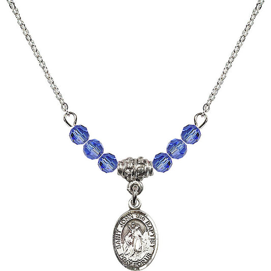 Sterling Silver Saint John the Baptist Birthstone Necklace with Sapphire Beads - 9054