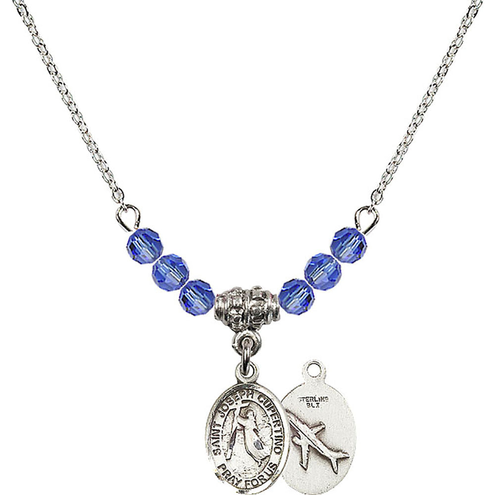 Sterling Silver Saint Joseph of Cupertino Birthstone Necklace with Sapphire Beads - 9057