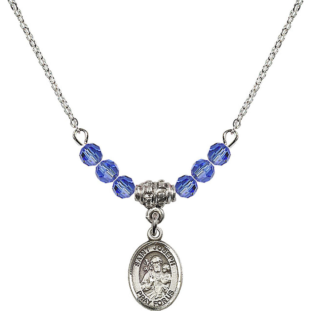 Sterling Silver Saint Joseph Birthstone Necklace with Sapphire Beads - 9058