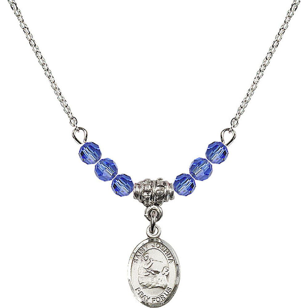 Sterling Silver Saint Joshua Birthstone Necklace with Sapphire Beads - 9059