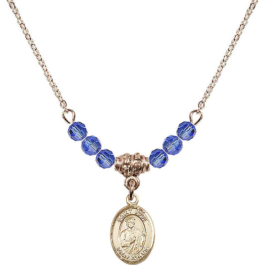14kt Gold Filled Saint Jude Thaddeus Birthstone Necklace with Sapphire Beads - 9060
