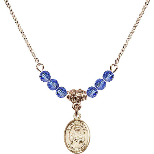 14kt Gold Filled Saint Kateri Tekakwitha Birthstone Necklace with Sapphire Beads - 9061