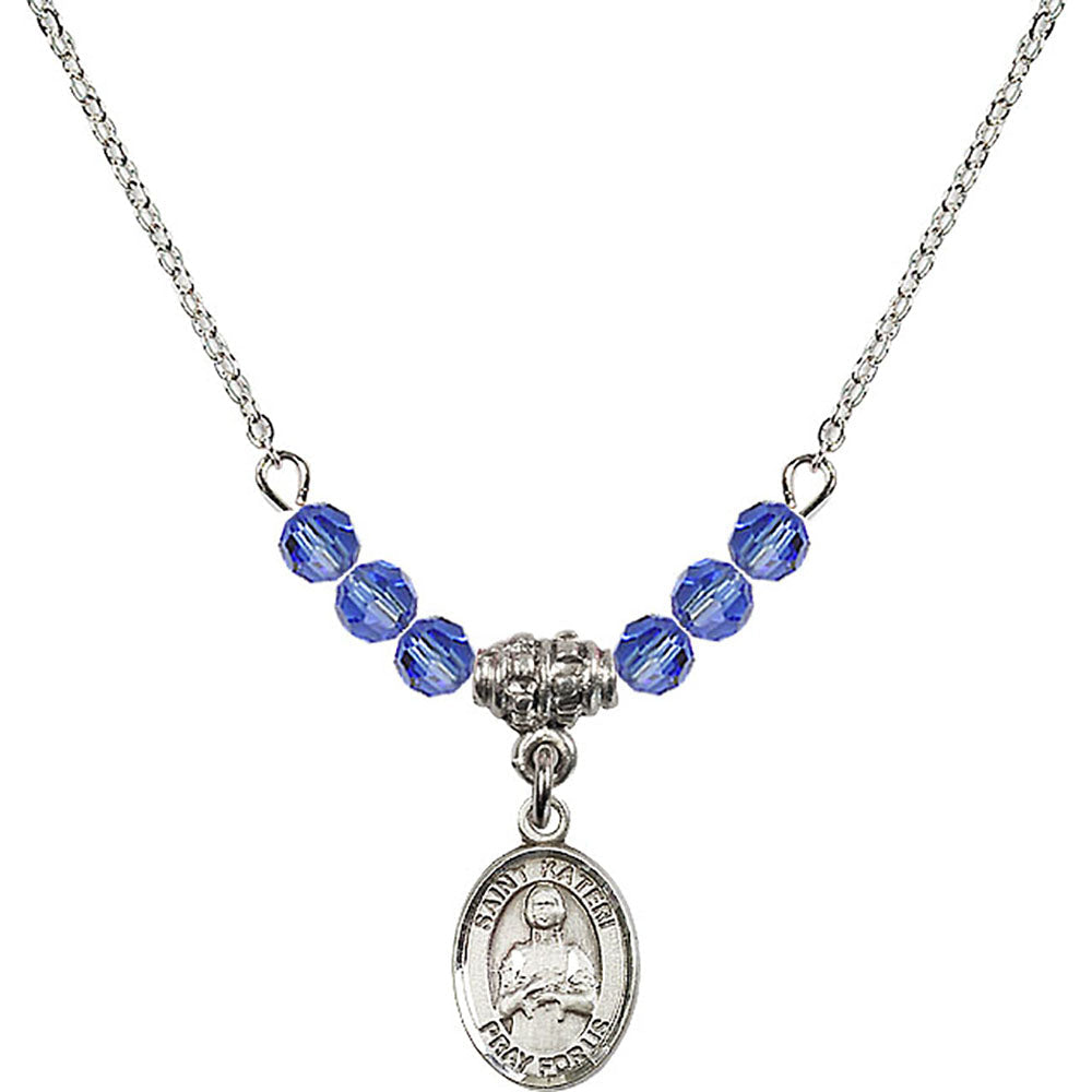 Sterling Silver Saint Kateri Tekakwitha Birthstone Necklace with Sapphire Beads - 9061