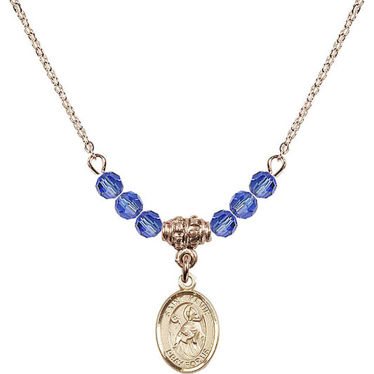 14kt Gold Filled Saint Kevin Birthstone Necklace with Sapphire Beads - 9062