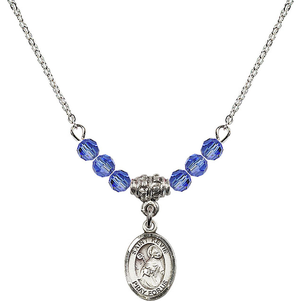 Sterling Silver Saint Kevin Birthstone Necklace with Sapphire Beads - 9062