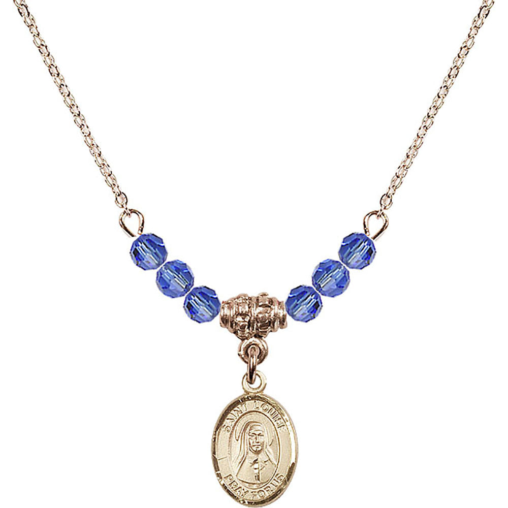 14kt Gold Filled Saint Louise de Marillac Birthstone Necklace with Sapphire Beads - 9064