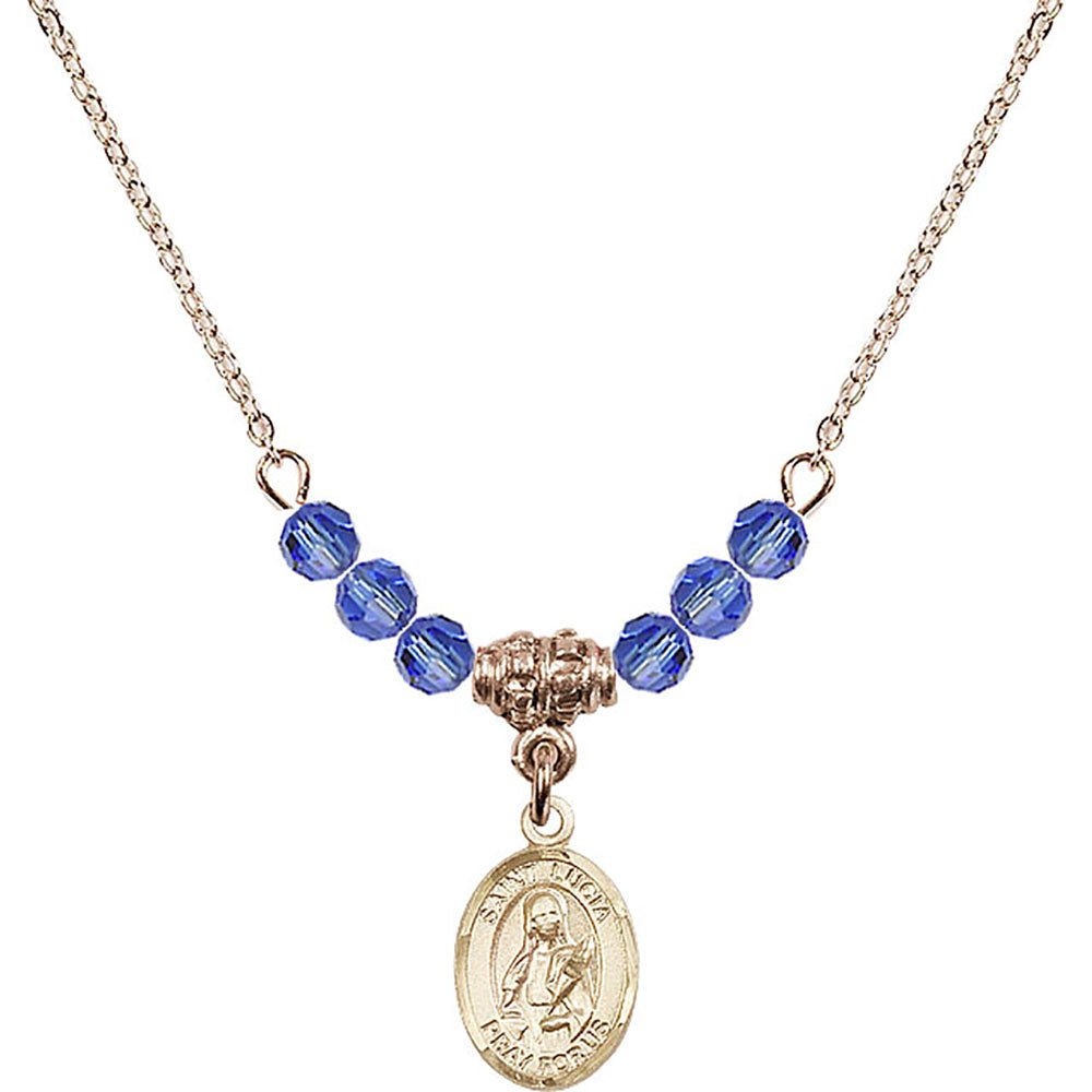 14kt Gold Filled Saint Lucia of Syracuse Birthstone Necklace with Sapphire Beads - 9065