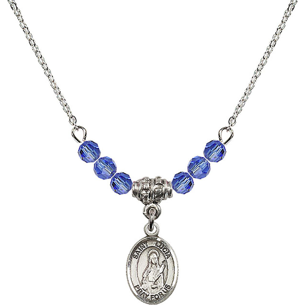 Sterling Silver Saint Lucia of Syracuse Birthstone Necklace with Sapphire Beads - 9065