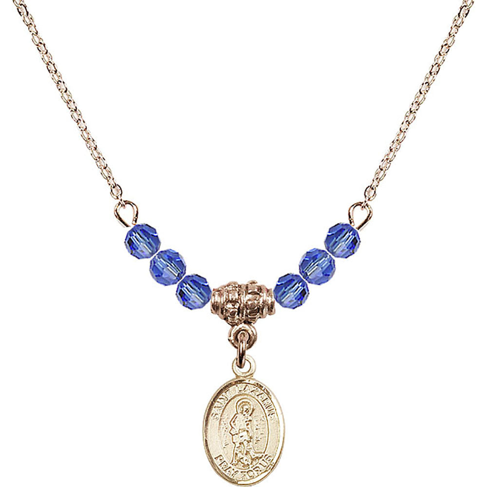 14kt Gold Filled Saint Lazarus Birthstone Necklace with Sapphire Beads - 9066