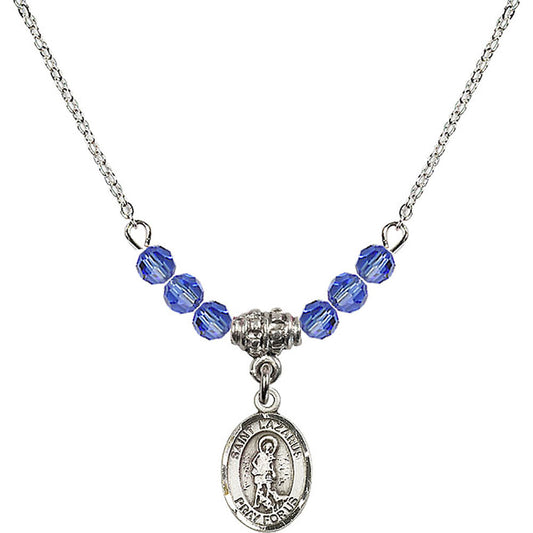 Sterling Silver Saint Lazarus Birthstone Necklace with Sapphire Beads - 9066