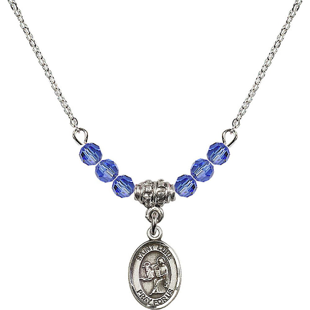 Sterling Silver Saint Luke the Apostle Birthstone Necklace with Sapphire Beads - 9068