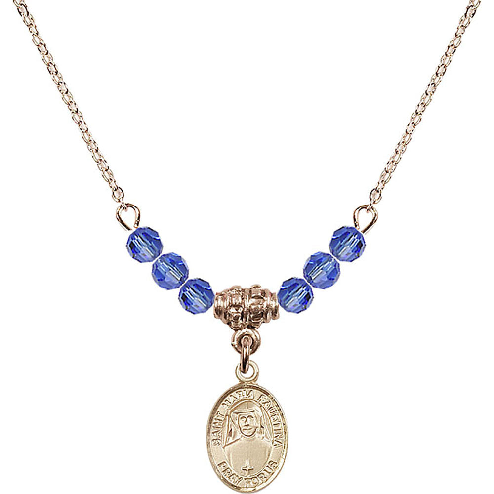 14kt Gold Filled Saint Maria Faustina Birthstone Necklace with Sapphire Beads - 9069