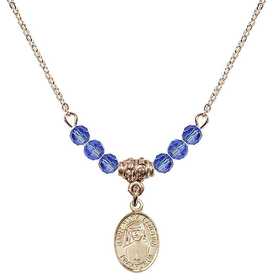 14kt Gold Filled Saint Maria Faustina Birthstone Necklace with Sapphire Beads - 9069