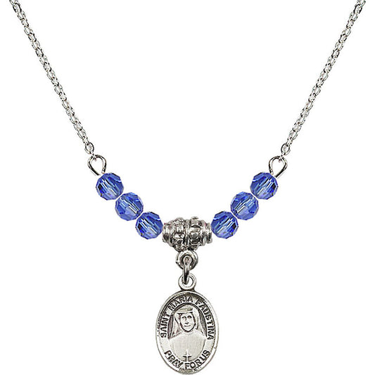 Sterling Silver Saint Maria Faustina Birthstone Necklace with Sapphire Beads - 9069