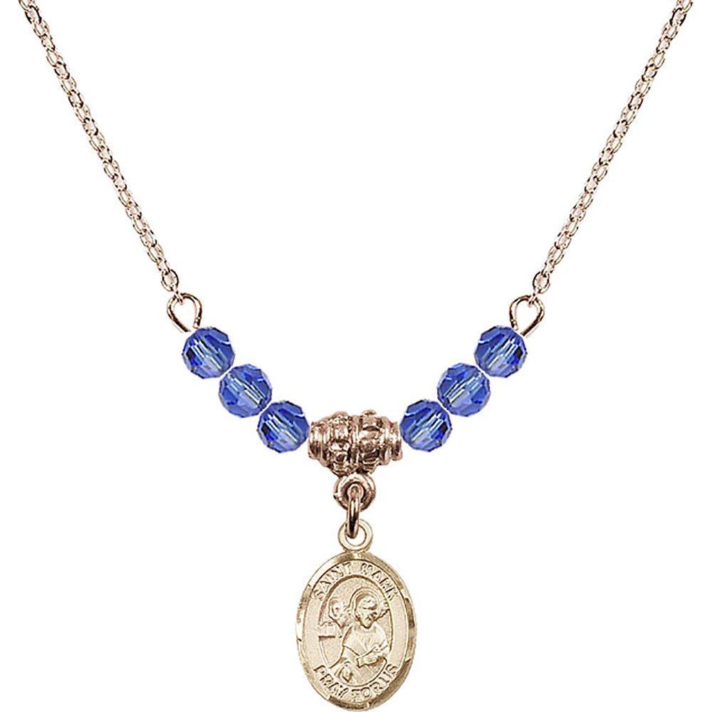 14kt Gold Filled Saint Mark the Evangelist Birthstone Necklace with Sapphire Beads - 9070