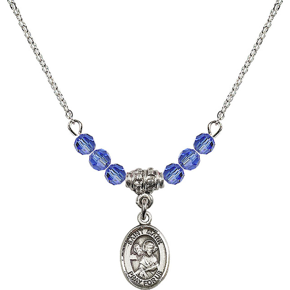 Sterling Silver Saint Mark the Evangelist Birthstone Necklace with Sapphire Beads - 9070