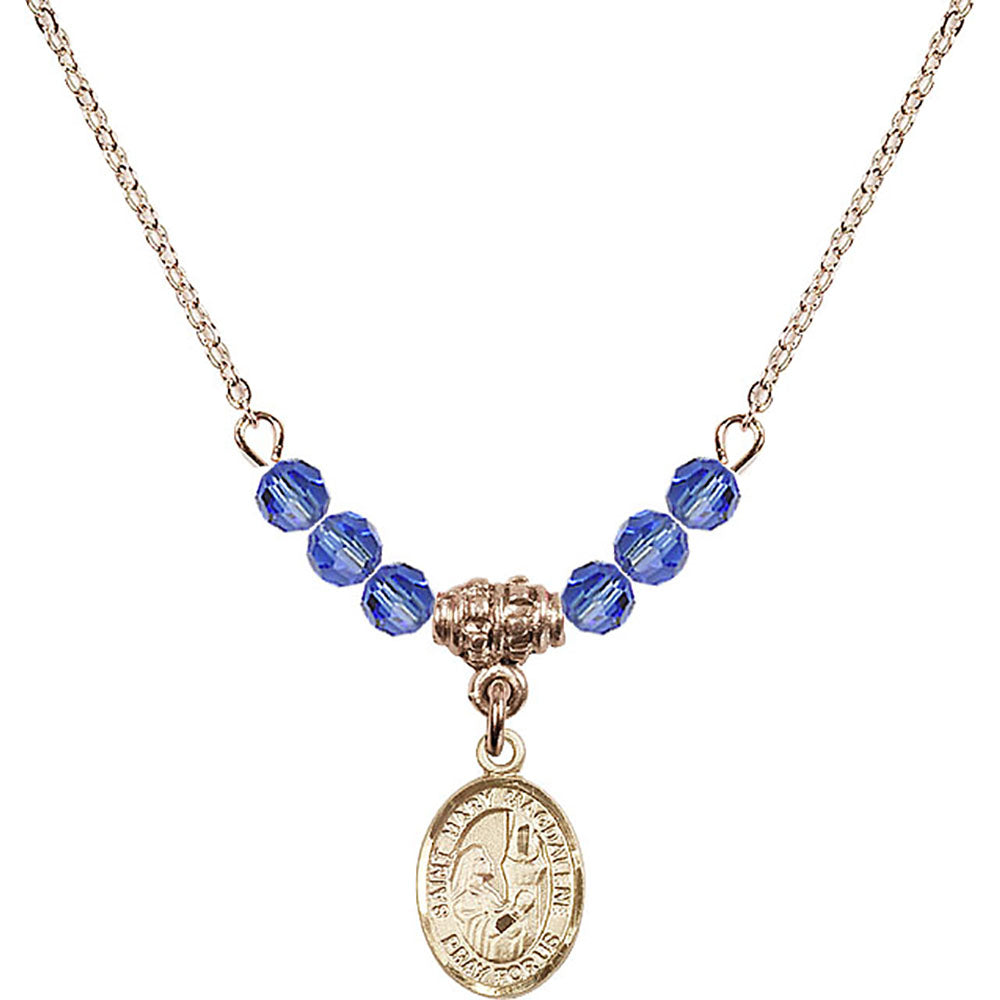 14kt Gold Filled Saint Mary Magdalene Birthstone Necklace with Sapphire Beads - 9071