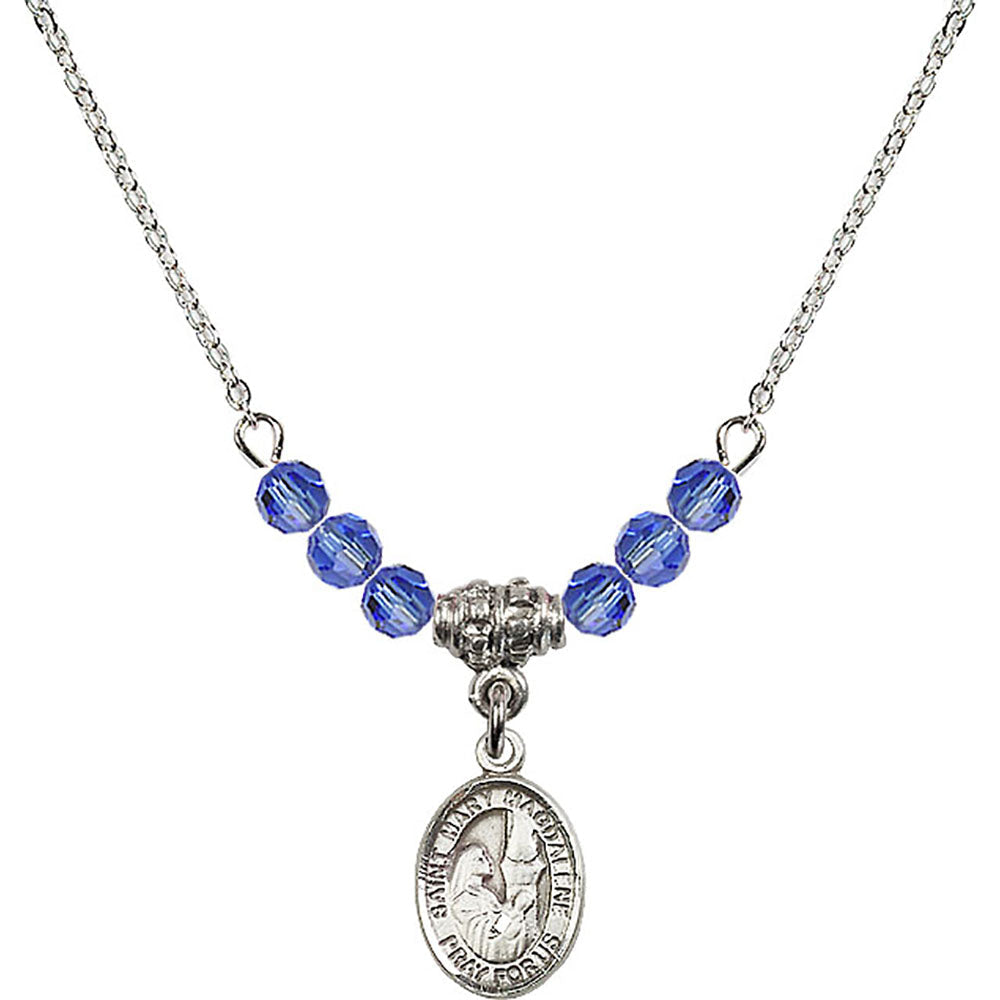 Sterling Silver Saint Mary Magdalene Birthstone Necklace with Sapphire Beads - 9071