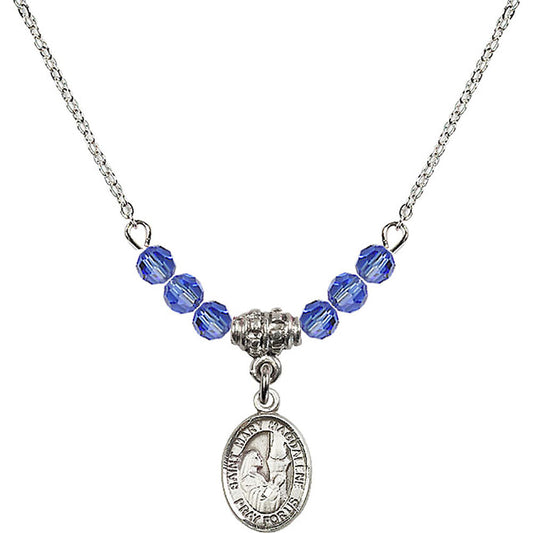 Sterling Silver Saint Mary Magdalene Birthstone Necklace with Sapphire Beads - 9071