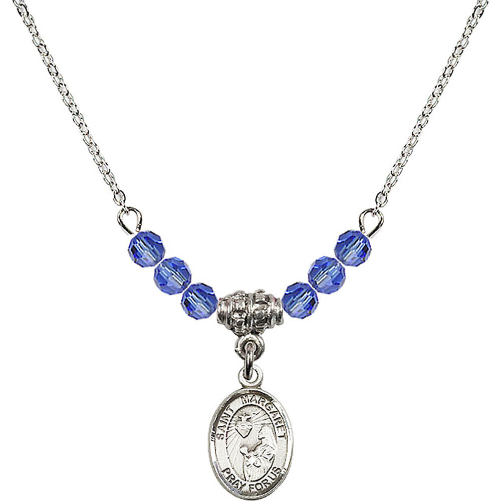 Sterling Silver Saint Margaret Mary Alacoque Birthstone Necklace with Sapphire Beads - 9072