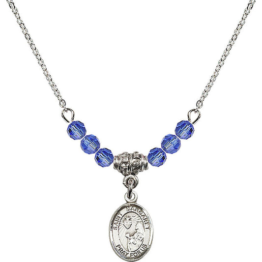 Sterling Silver Saint Margaret Mary Alacoque Birthstone Necklace with Sapphire Beads - 9072
