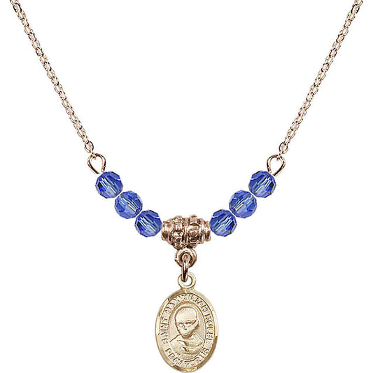 14kt Gold Filled Saint Maximilian Kolbe Birthstone Necklace with Sapphire Beads - 9073