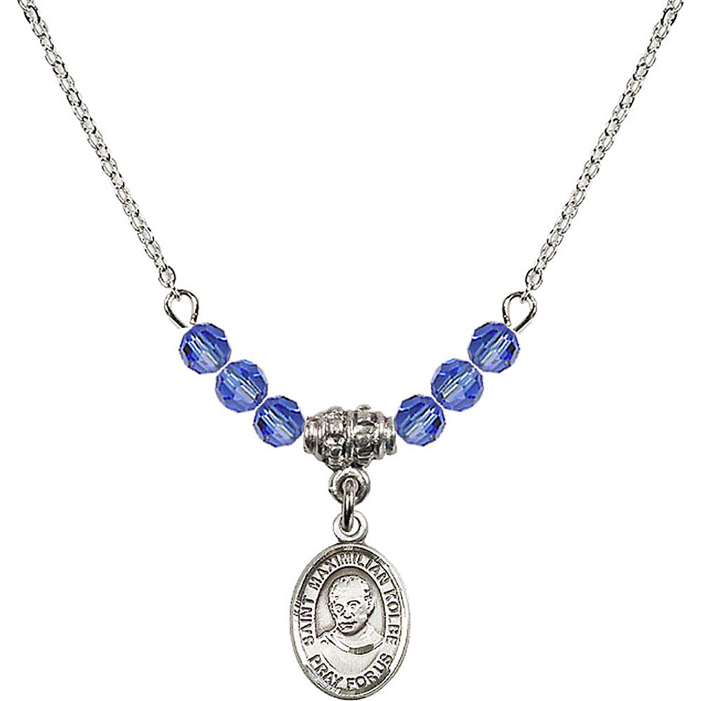 Sterling Silver Saint Maximilian Kolbe Birthstone Necklace with Sapphire Beads - 9073